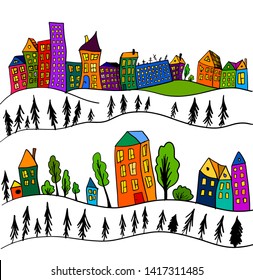 Colored houses. Background childrens with trees and city. Vector illustration