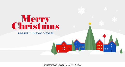Colored houses and fir trees on a snowy background. Festive banner for the New Year and Christmas.
