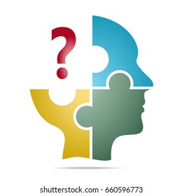The colored human head composed of blue, yellow and green puzzle pieces with red question mark with gray shadow below the head on a white background. Human head composed of geometric elements 