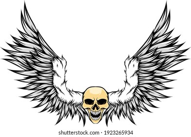 The colored human skull with the fur and the feather wings of illustration