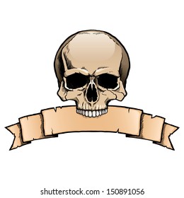 Colored human skull with a ribbon banner.