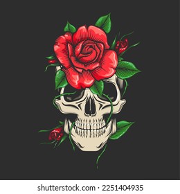 Colored Human Skull and Roses Flowers Isolated on Black background. Vector illustration.
