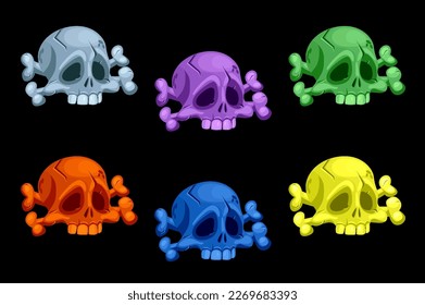 Calaveras humanas de colores y huesos cruzados. Símbolos Roger. Iconos de la escoria pirata.