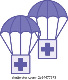 Icono coloreado de la ayuda humanitaria. Ilustración vectorial. Cajas con un paracaídas volador que contiene ayuda humanitaria para los refugiados. Concepto de refugiados en el mundo
