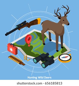 Colored hunting isometric concept with deer at the center on map on blue background vector illustration
