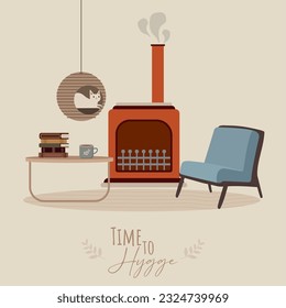 Colored hygge scenario with chair next to a fireplace Vector