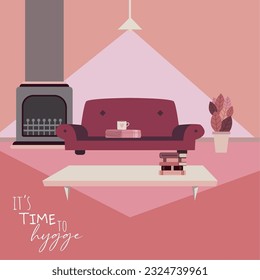 Colored hygge scenario with furniture next to a fireplace Vector