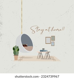 Colored hygge scenario with a hanging chair and table Vector