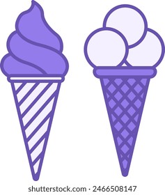 Colored Ice Cream Icons. Vector Icon of Delicious Ice Cream in a Waffle Cup. Sweet Dessert. Summer Concept