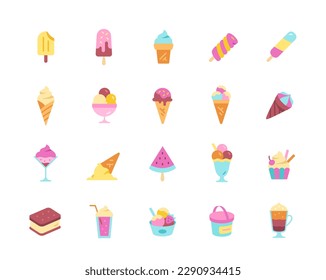 Conjunto de helados de colores. Pegatinas con bolas de deliciosos postres congelados y cócteles. Para redes sociales, sitios web y aplicaciones móviles. Colección vectorial plana de dibujos animados aislada en fondo blanco