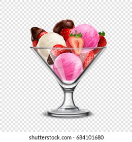 Colored ice cream in transparent glass bowl with fruits on transparent background vector illustration