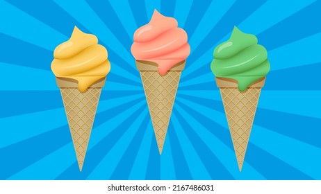 A colored Ice cream in a waffle cone on a blue background