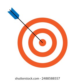 Colored icon of arrow hit center of target. Flat image hit the bull's eye in doodle style. Successful business strategy, progress on work or goal achievement icon. Vector illustration.