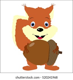 Colored icon baby squirrel holding an acorn on a white background. Cute vector illustration. Pattern to decorate or design scrapbook. Baby shower