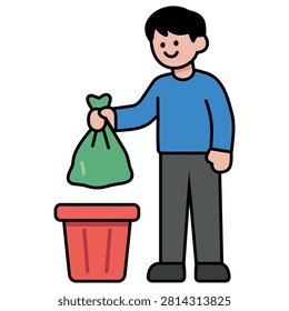 colored icon of a boy throwing out trash isloated