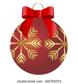 colored icon Christmas red ball with gold snowflakes and a red bow on a white background. Pattern for decoration or design. Vector illustration