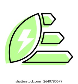 A colored icon featuring a green leaf and an electricity symbol, depicting clean energy, eco-friendly solutions, and energy efficiency.