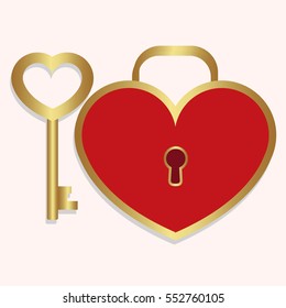 colored icon key and lock heart shaped red with gold on a white background. the template for the festival of Valentine's day or decoration for recognition or wedding. vector illustration
