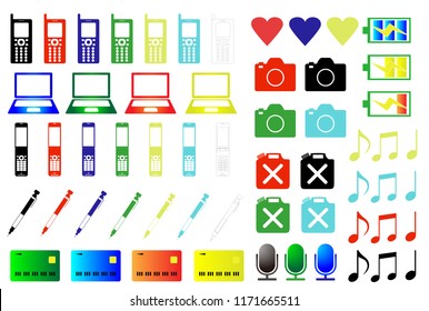 Colored icon material illustration cell phone personal computer camera battery note note microphone card pen heart etc