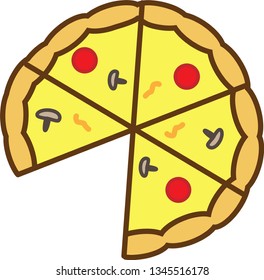 The colored icon is a pizza cut into 6 pieces, without 1 slice, with mushrooms, tomatoes and melted cheese for websites or applications.