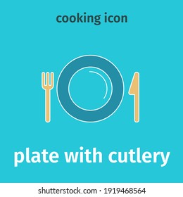 Colored icon plate with cutlery. Vector table setting. Plate, knife and fork. Flat.