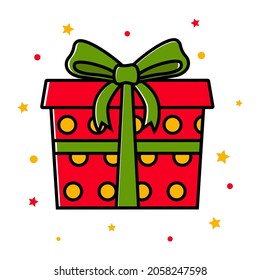 Colored icon of red gift box. Gift packaging, surprise. Greeting card for Christmas, Birthday, New Year. Vector illustration isolated on white background
