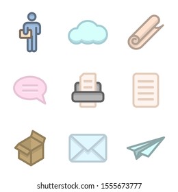 Colored icon set of delivery and transmission of text information. Vector on a white background.