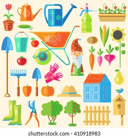 Colored icon set with devices for arranging and garden decoration and other attributes including the harvest