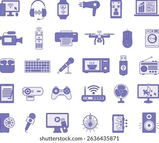 Colored Icon Set Devices. Vector Illustrations Computer, Smartphone, Headphones, Smartwatch, TV, Microphone, Drone, Washing Machine, Webcam, Modem, Refrigerator, Printer, and Others