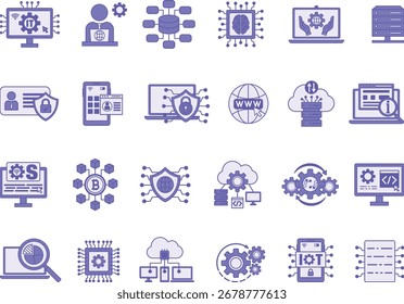 Colorido Conjunto de Ícones Tecnologia da Informação. Vetor Illustrations IT Manager, análise de dados, dados digitais, gerenciamento de TI, Internet, segurança de rede, desenvolvimento de software, aplicativos móveis e muito mais