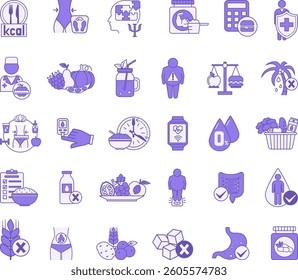 Colored Icon Set Nutrition. Vector Illustrations: Obesity, Calorie Counting, Carbohydrates, Psychology, Balanced Diet, Body Weight, Junk Food, Meal Plan, Water Balance, Smart Watch, and More