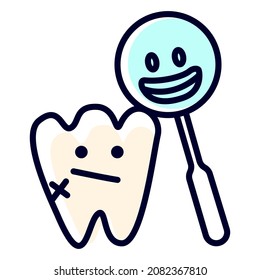 Colored icon with a sick tooth and a dental mirror on a white background. The concept of treating sick teeth. Vector icon for dentistry. Caries treatment in the clinic.

