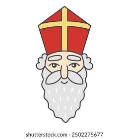 Colored icon of Sinterklaas face. Saint Nicholas Day theme. Dutch or Belgium winter holiday. Vector line art illustration isolated on white background. 