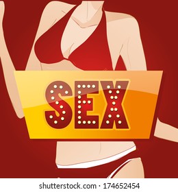 a colored icon with some text and a female body in the background
