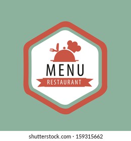 a colored icon with some text, utensils and a ribbon for menu design