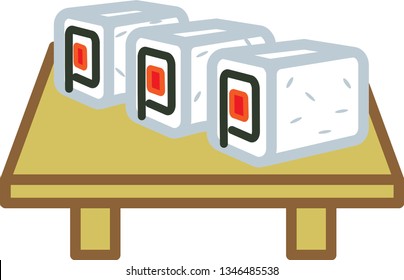 Colored icon sushi in the amount of three pieces on a sushi board for websites or applications.