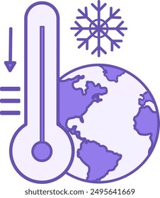Colored Icon Temperature Decrease. Vector Icon. Snowflake, Planet Earth, and Thermometer with Down Arrow. Cold Season. Climate Change Concept