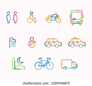 Colored Icon For Toilet Signage, Disable Signage, Motorcycle Parking, Shuttle Bus, Shower, Mother Room, Car Parking, Taxi Drop Off Signage, Mushola Signage, Bicycle Park, Loading Truck