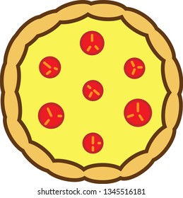 Colored icon of whole pizza with tomatoes and cheese for web or apps.