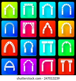 Colored icons collection of arches. Set of colorful square icons with white silhouette segmental arches with shadow on black background.