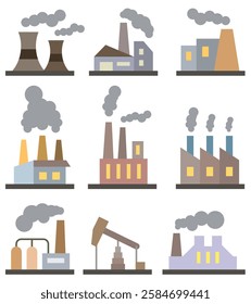 Colored icons of different factories. Set of factory buildings. Factories for energy production. EPS 10.