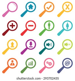 Colored icons with different images under loupe, isolated on white