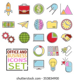 Colored icons with flat outer contour of office and business on the topic. Stylish icons combine flat style and style line art.  Icons can be used for business and office concepts.