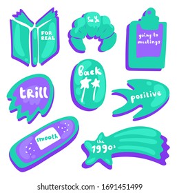 Colored icons in fluorescent purple and turquoise color. Collection of vector glossy stickers on white. Teens millenials culture. Cool expression, slang, comics, gaming style, web, speech bubbles