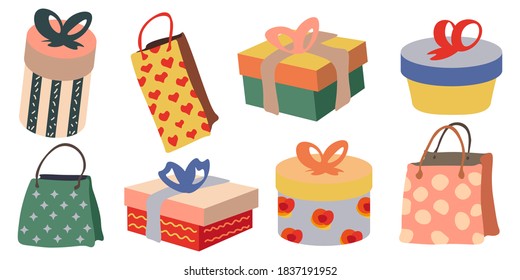 Colored icons of gift boxes and bags. Presents. Vector illustration. Hand drawn.
