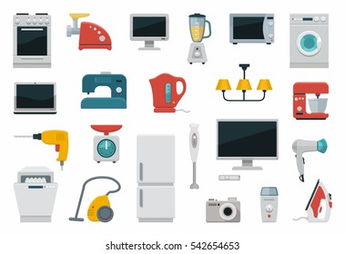 Colored Icons Of Home Appliances And Utensils. Flat Vector Illustration.