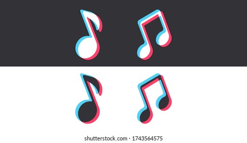 Colored icons of melodies and notes drawn in the colors of the popular social network. The concept of the music and creative industry. Vector illustration