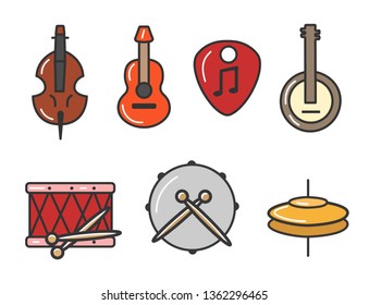 Colored icons of musical instruments on a white background. Icons drums, guitar, violin vector illustration