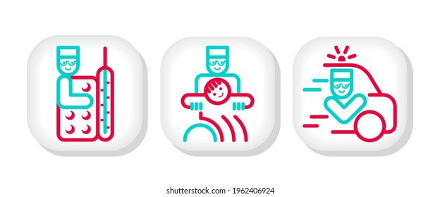 colored icons on a white background for advertising medicine.
doctor with a thermometer, with a child, on the road.