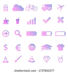 Iconos de colores definidos en forma de puntos de degradado rojo-azul. Gráfico neón, efecto ligero